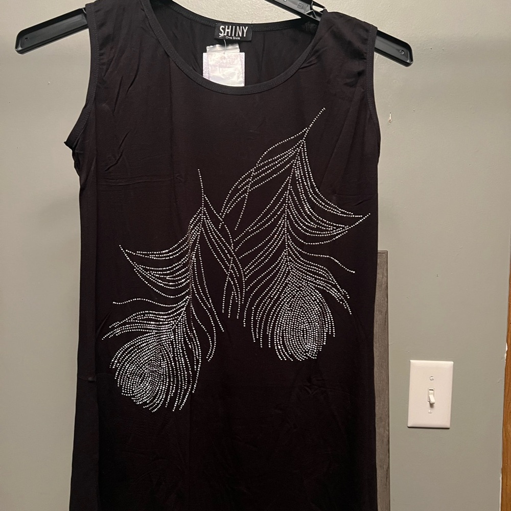 Shiny Black Tank Top with Silver Feather Design